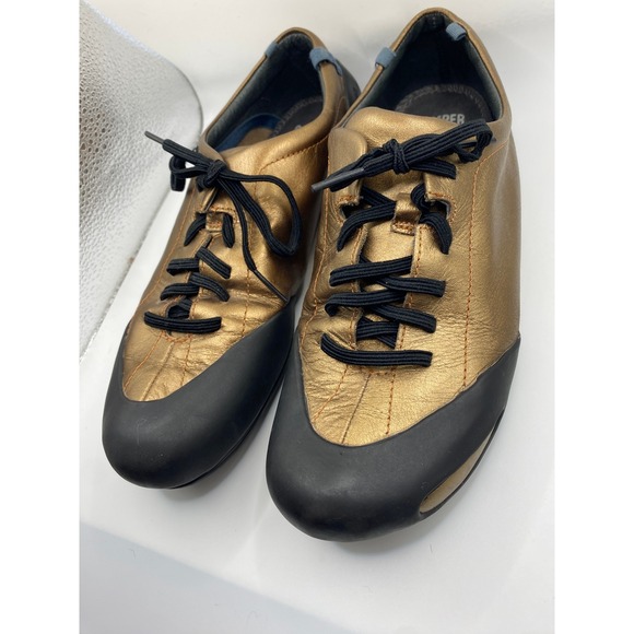 Camper Peu Cami Gold Black Leather Lace Up Shoes Women's Size 39 Minimal Comfort - Picture 1 of 5
